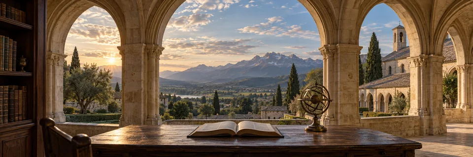 Conceptual illustration of a scholarly cloister opening toward the natural world