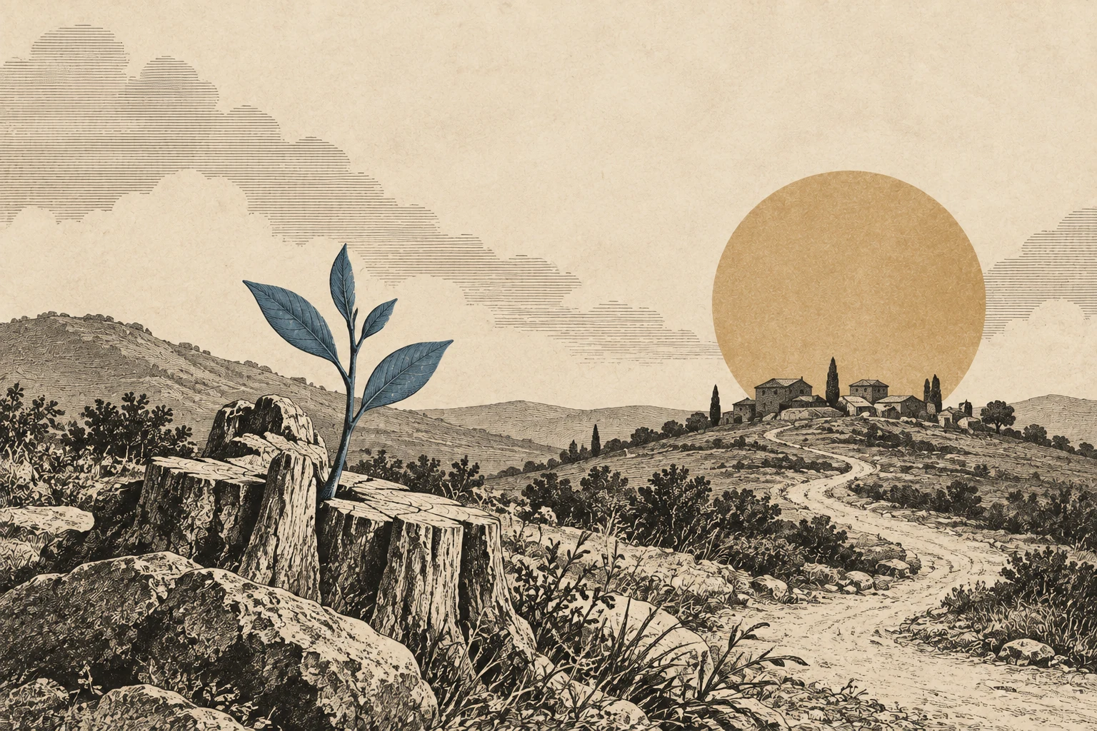 A small village stands beyond a branching path while a steel-blue shoot rises beside a cut stump.