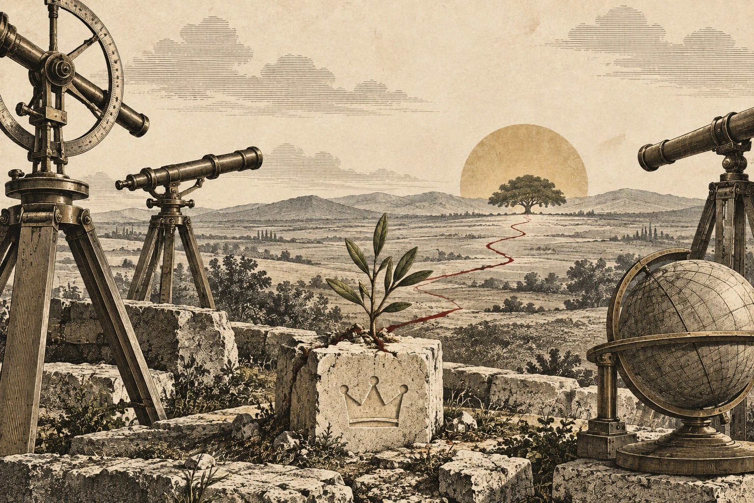 Surveying instruments look past a crowned cornerstone and young shoot toward a mature tree on the horizon.