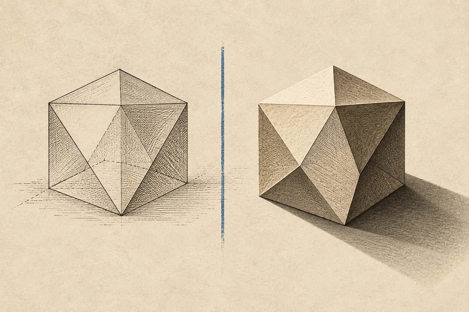 An outlined geometric form and a solid, shadow-casting form sit on opposite sides of a fine blue line.