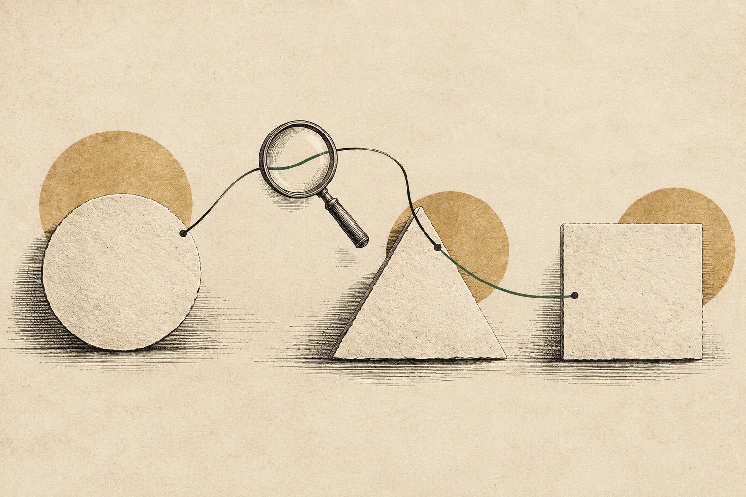 A magnifying lens follows a line through three simple geometric forms.