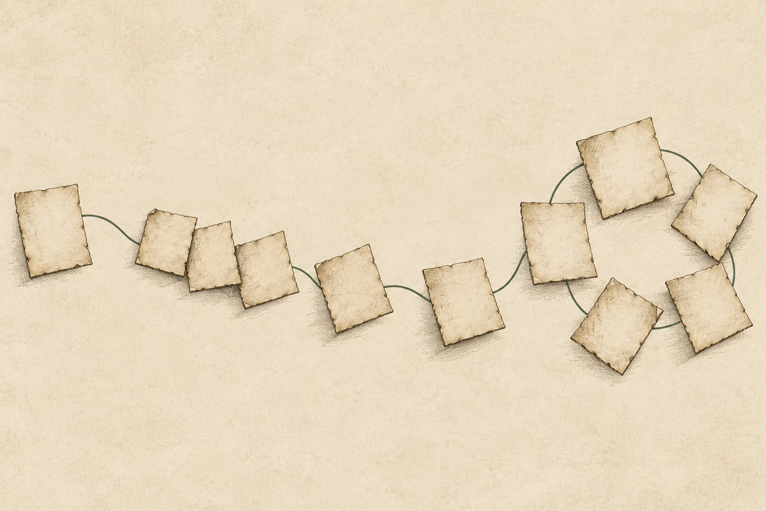 One blank sheet connects by a line of loose paper tiles to a circle of equal sheets.