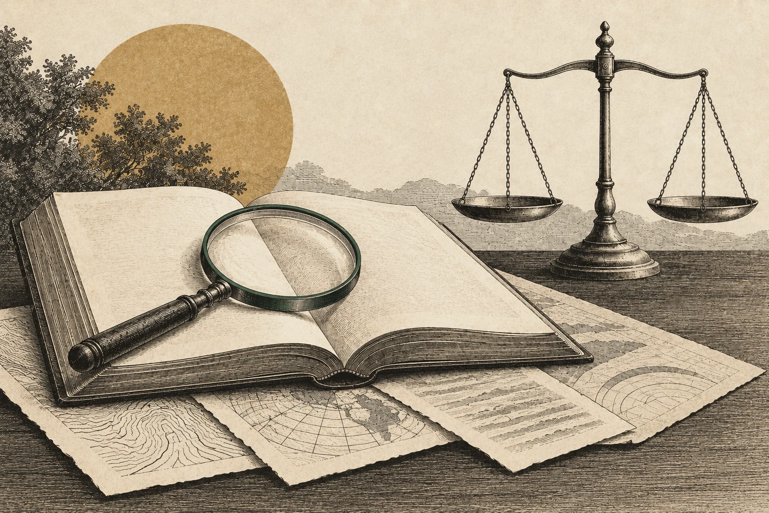 A magnifying glass examines a blank folio above layered records beside a level balance scale.
