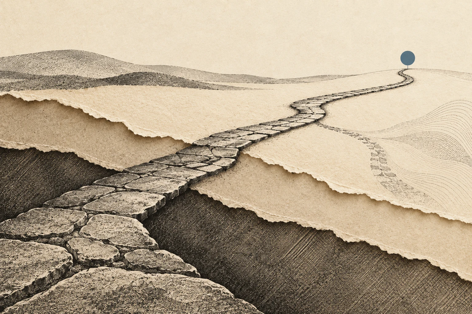 An engraved stone path crosses layered paper strata toward a small steel-blue marker, beside a fainter branching path.