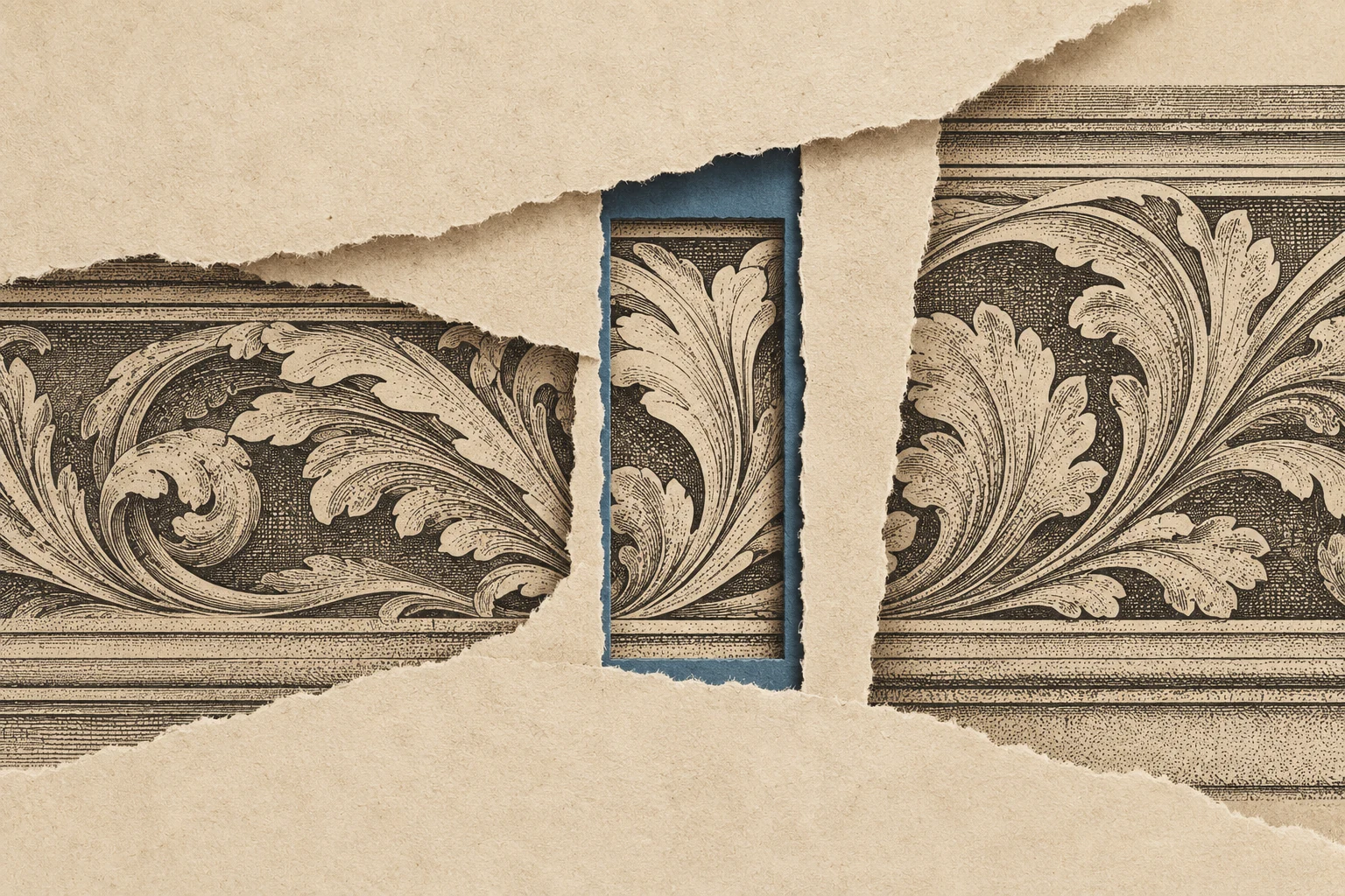 A narrow blue-edged paper window isolates one fragment of a continuous engraved pattern.