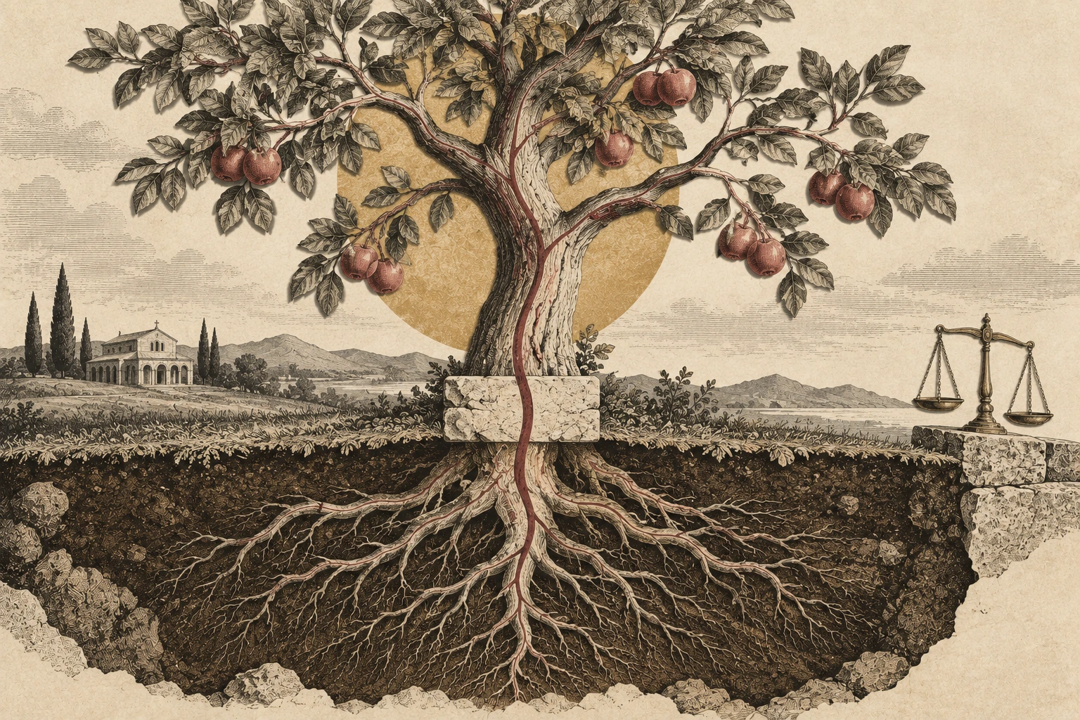 A cutaway tree shows one continuous root, trunk, and fruit while an unused balance stands outside the soil.