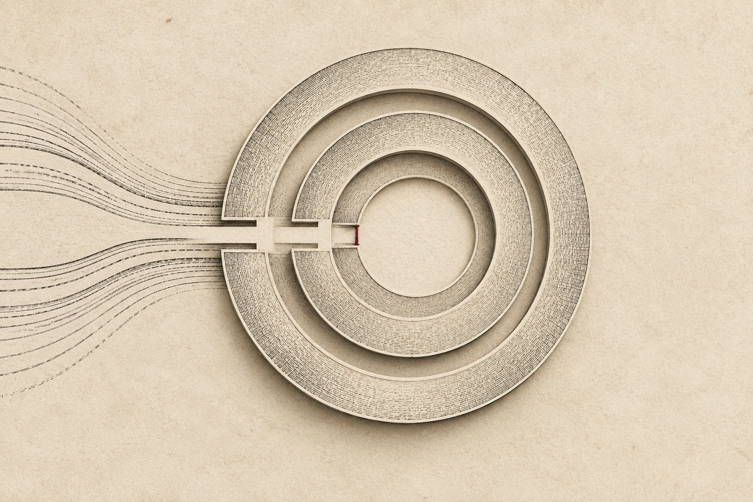 Nested paper thresholds surround an empty center reached by a fine path.