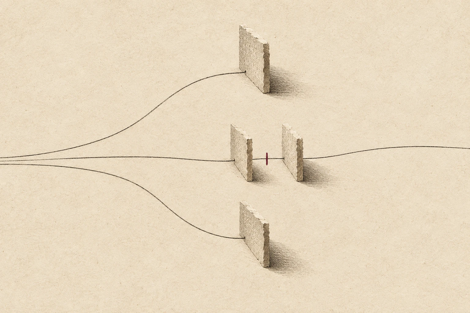 Three fine etched routes meet cut-paper barriers, and one continues through an open gap.