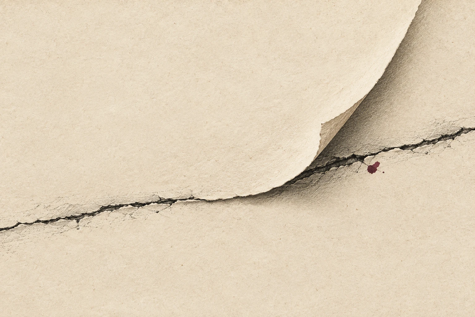 A lifted paper corner reveals a charcoal incision that continues beneath the sheet.