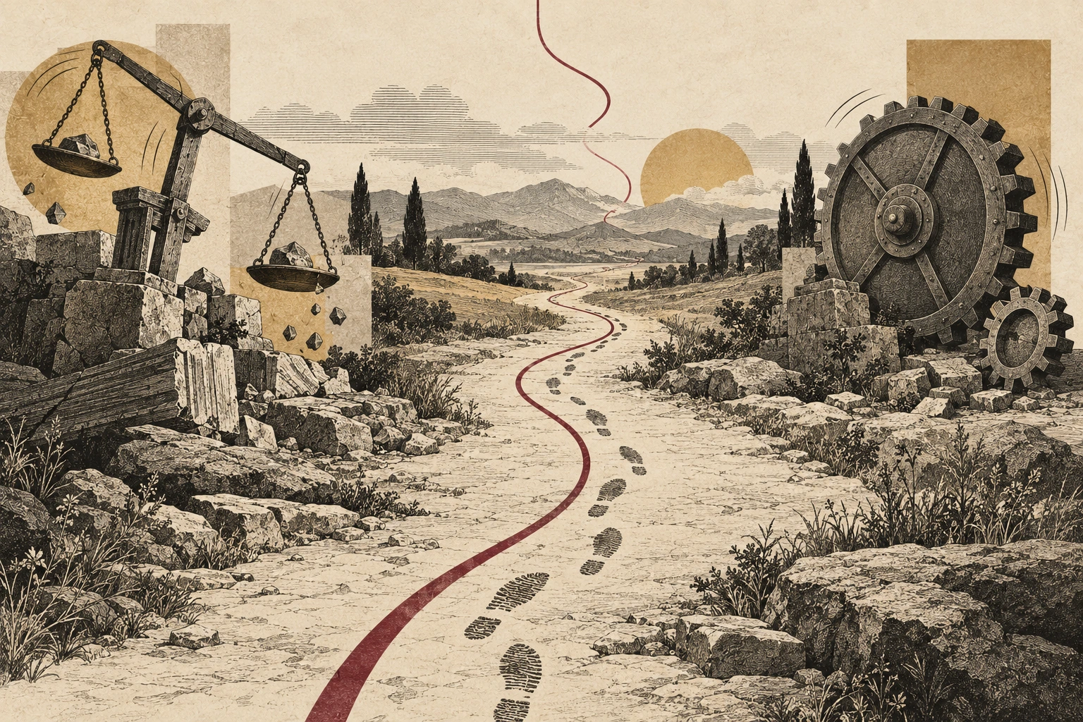 Footprints follow an oxblood guide line down a central path between an unstable scale and disconnected gears.