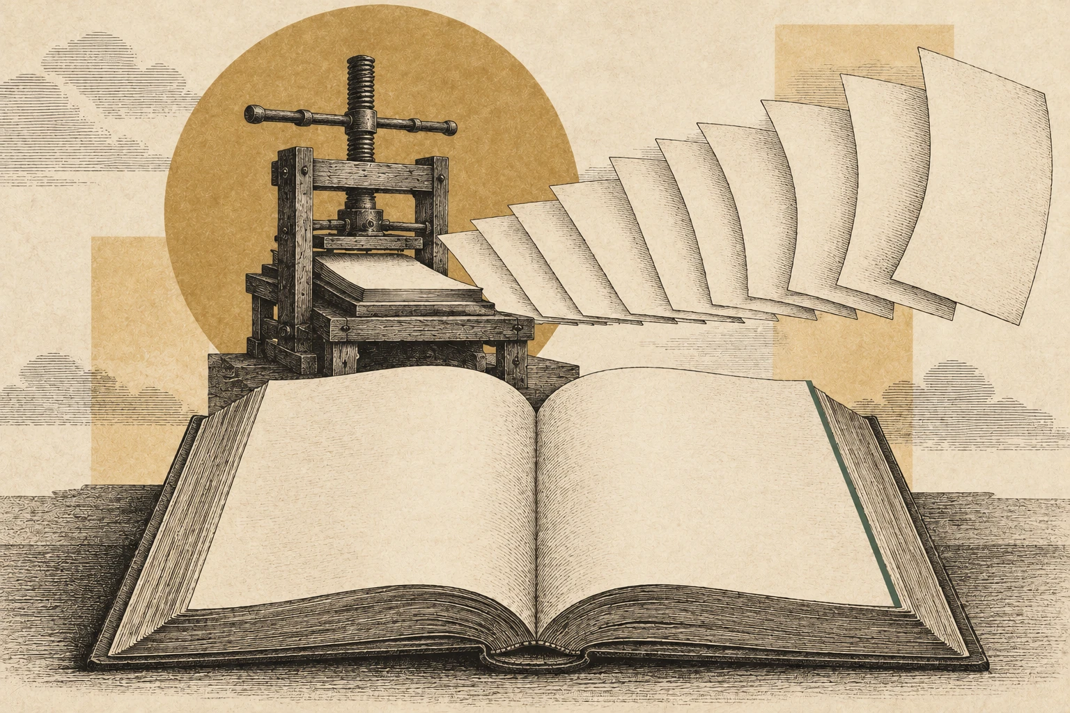 A hand press sends a fan of blank pages from an open folio.
