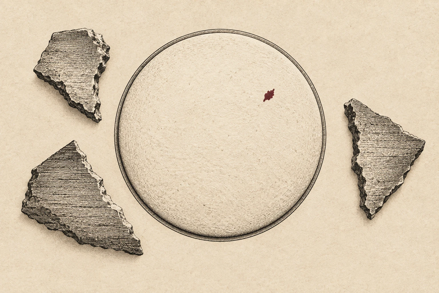 One intact paper disk sits inside a boundary, apart from three broken fragments.