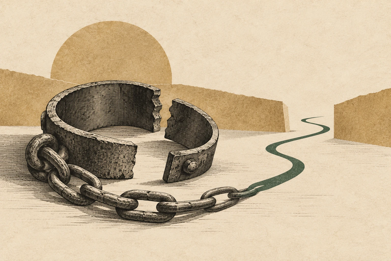 An opened iron manacle and slack chain lead into an open path.