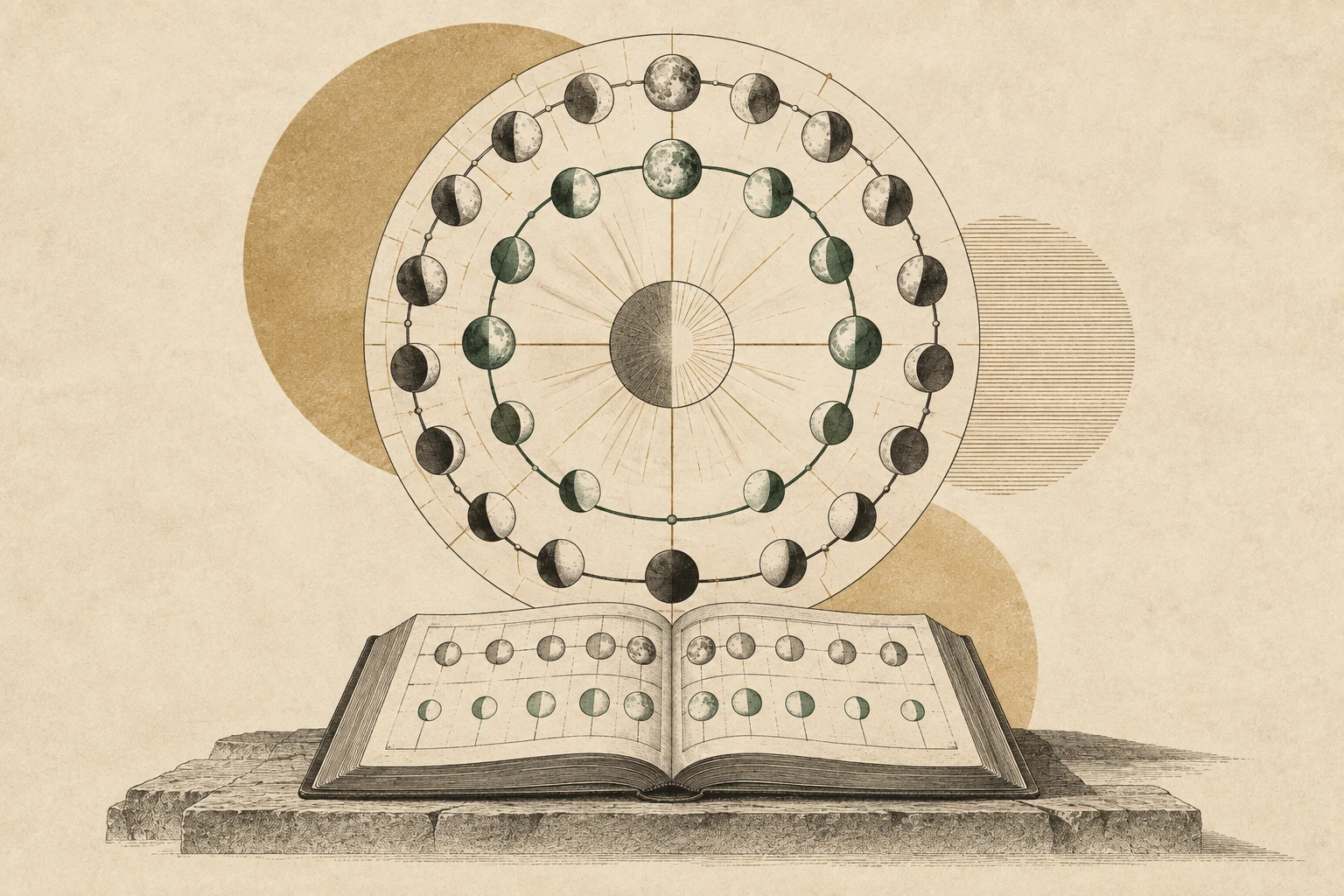 Two lunar phase tracks on a blank circular calendar converge above an open folio.