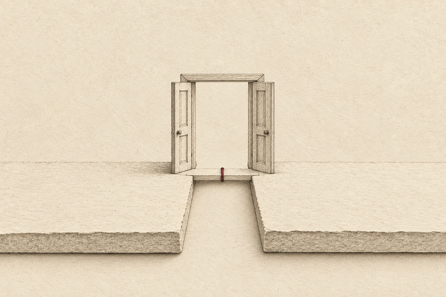 An open paper doorway connects two separated fields across a narrow bridge.