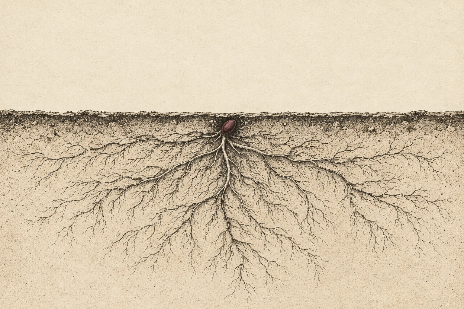 A small seed sends fine charcoal roots through a broad cut-paper field.