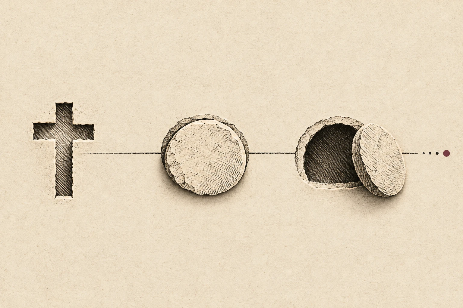 A cross, a closed oval, and an open empty oval sit along one engraved line.