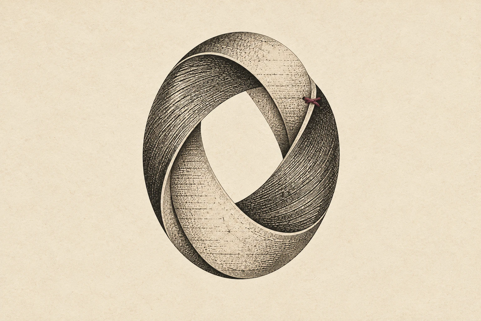 Two engraved paper bands interlock to form one continuous oval.