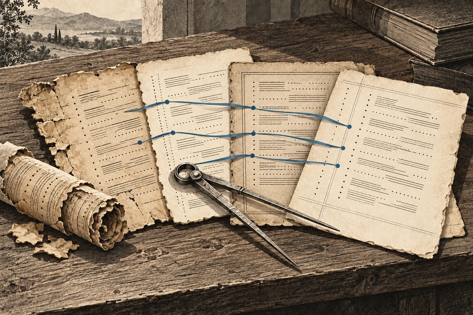 Several visibly different manuscript leaves are compared on a study surface, suggesting agreement in substance amid minor variants.