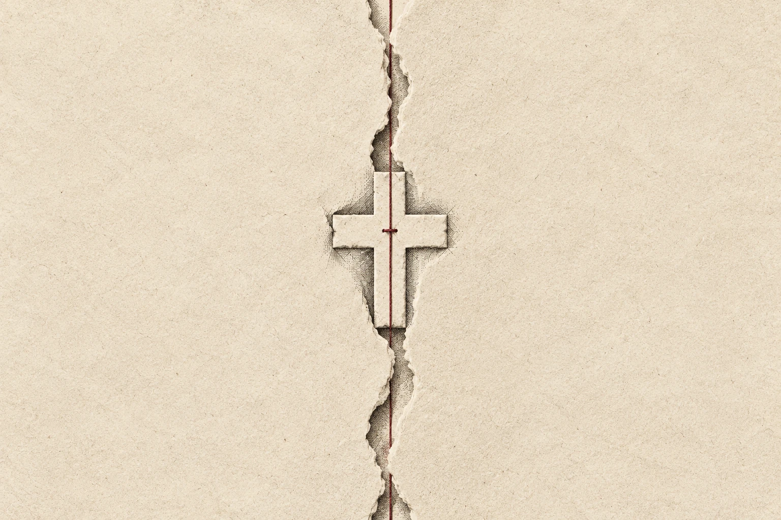 A cross-shaped paper form bridges a narrow divide, with one fine red stitch at the join.