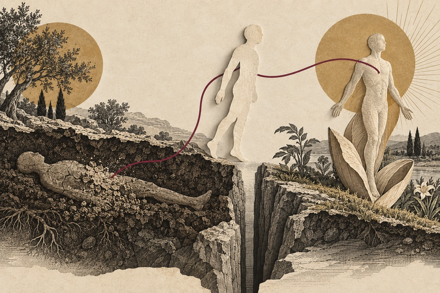 A body returns to earth, an ivory human silhouette crosses a fixed divide, and a whole body rises from new ground.