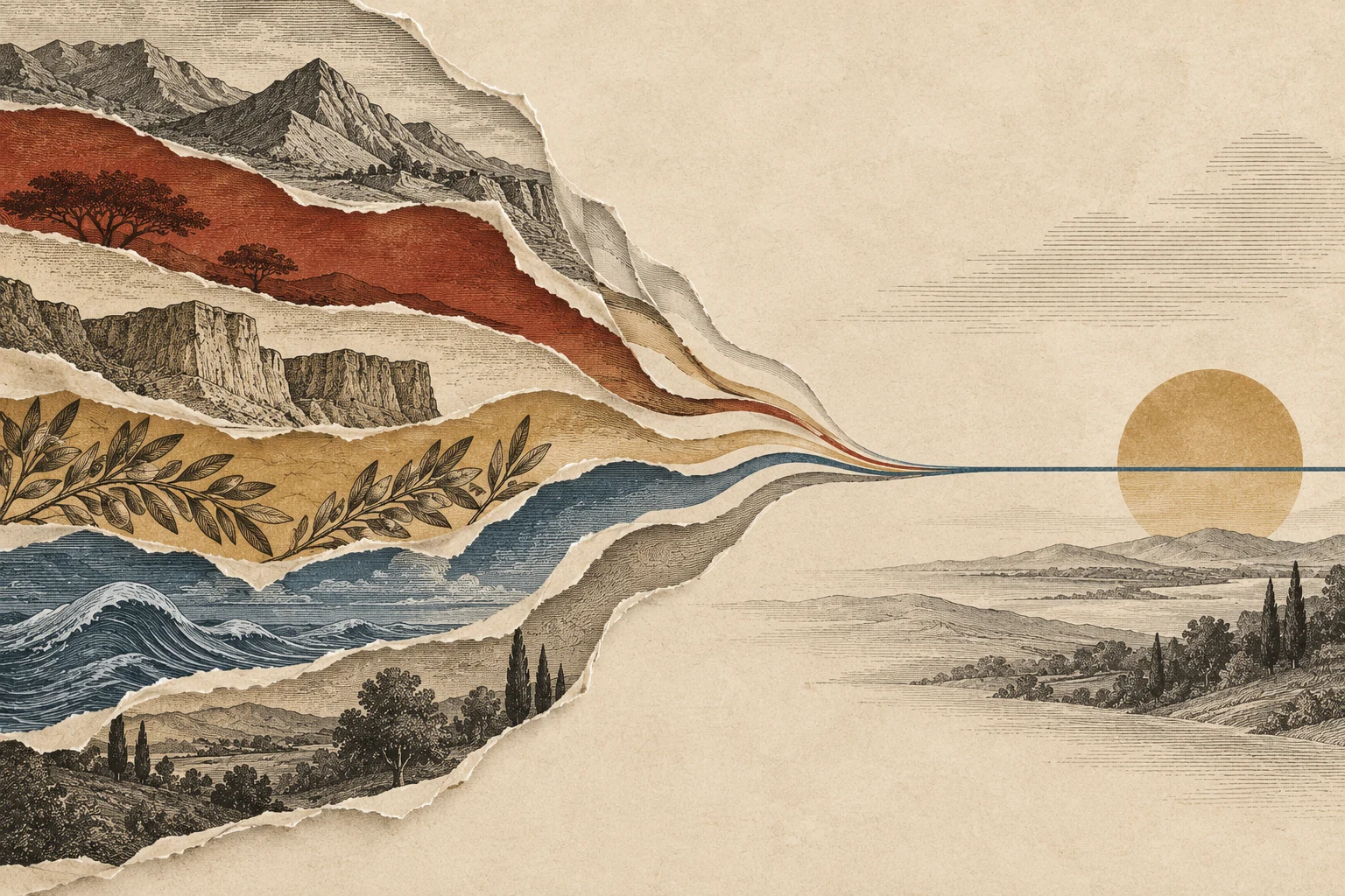 Layered, unmarked paper landscapes with distinct etched paths converging into one fine blue line.