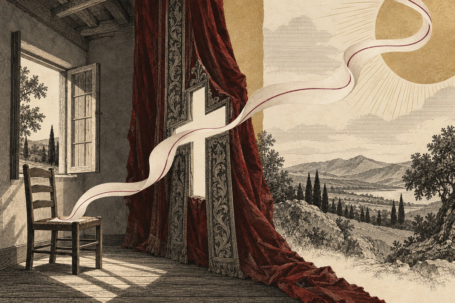 An ivory ribbon rises from an empty chair, passes through a cross-shaped opening in a heavy veil, and continues into open space.