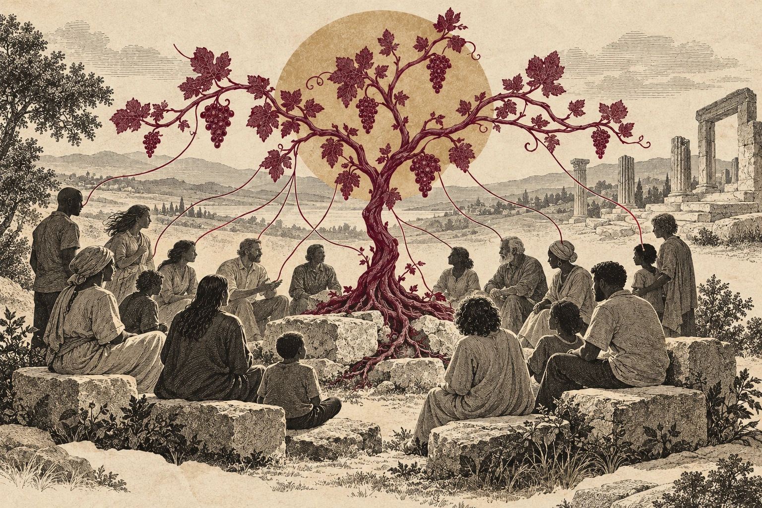 An engraved assembly gathers around a rooted vine while empty architectural ruins recede at the edge.