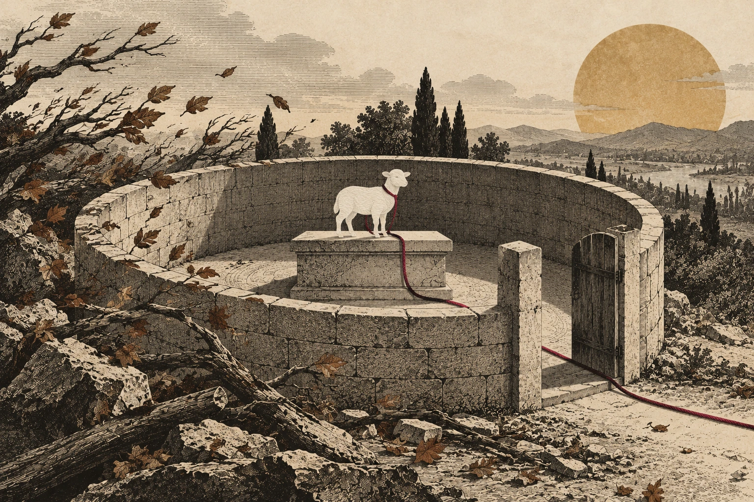 An intact paper lamb rests on a stone altar inside a storm-battered enclosure with an open gate and an oxblood cord.