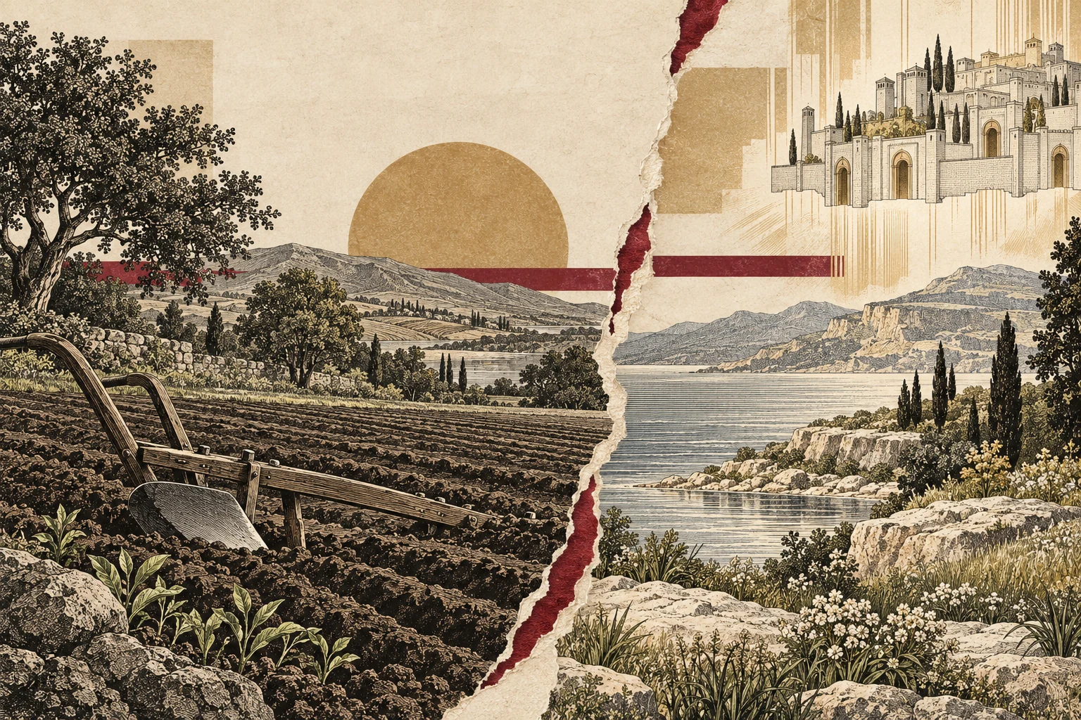 Two physical landscapes in sequence: worked land after purging, then a distinct new land receiving a descending city.