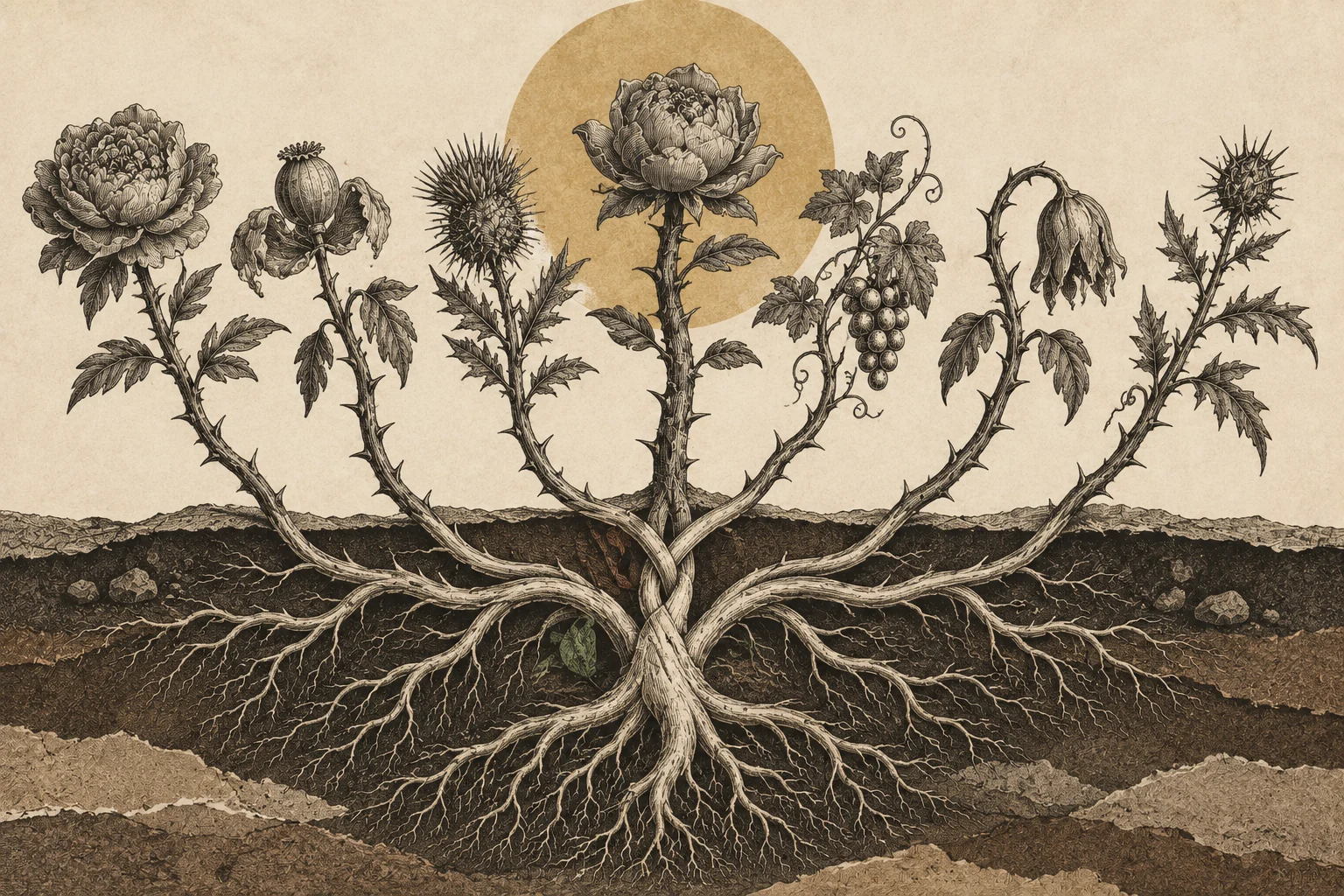 A braided root system feeds seven thorned stems rising above layered soil.