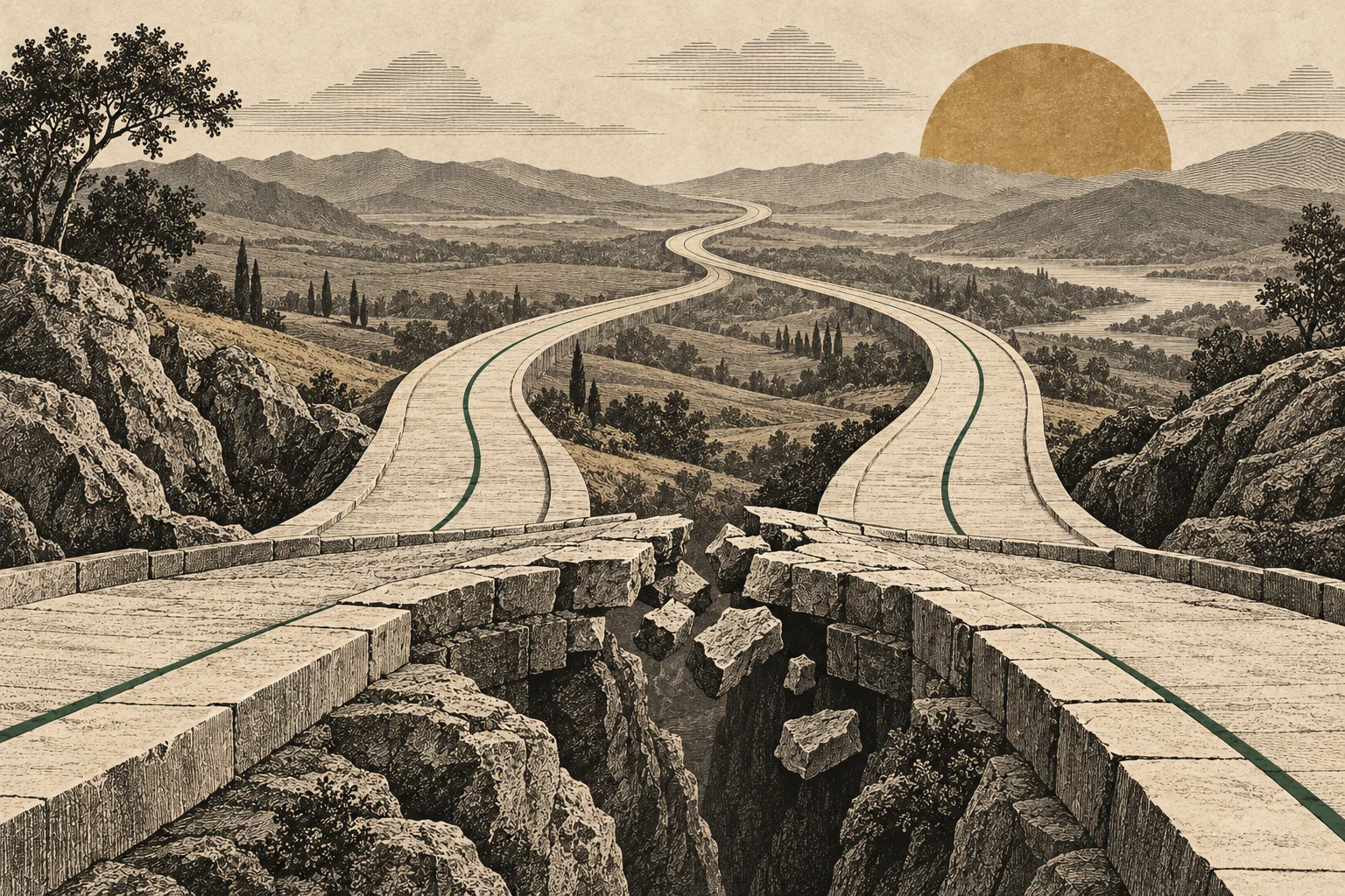 Two paper roads diverge gradually and reach a broken stone crossing, with a fine green line along each route.