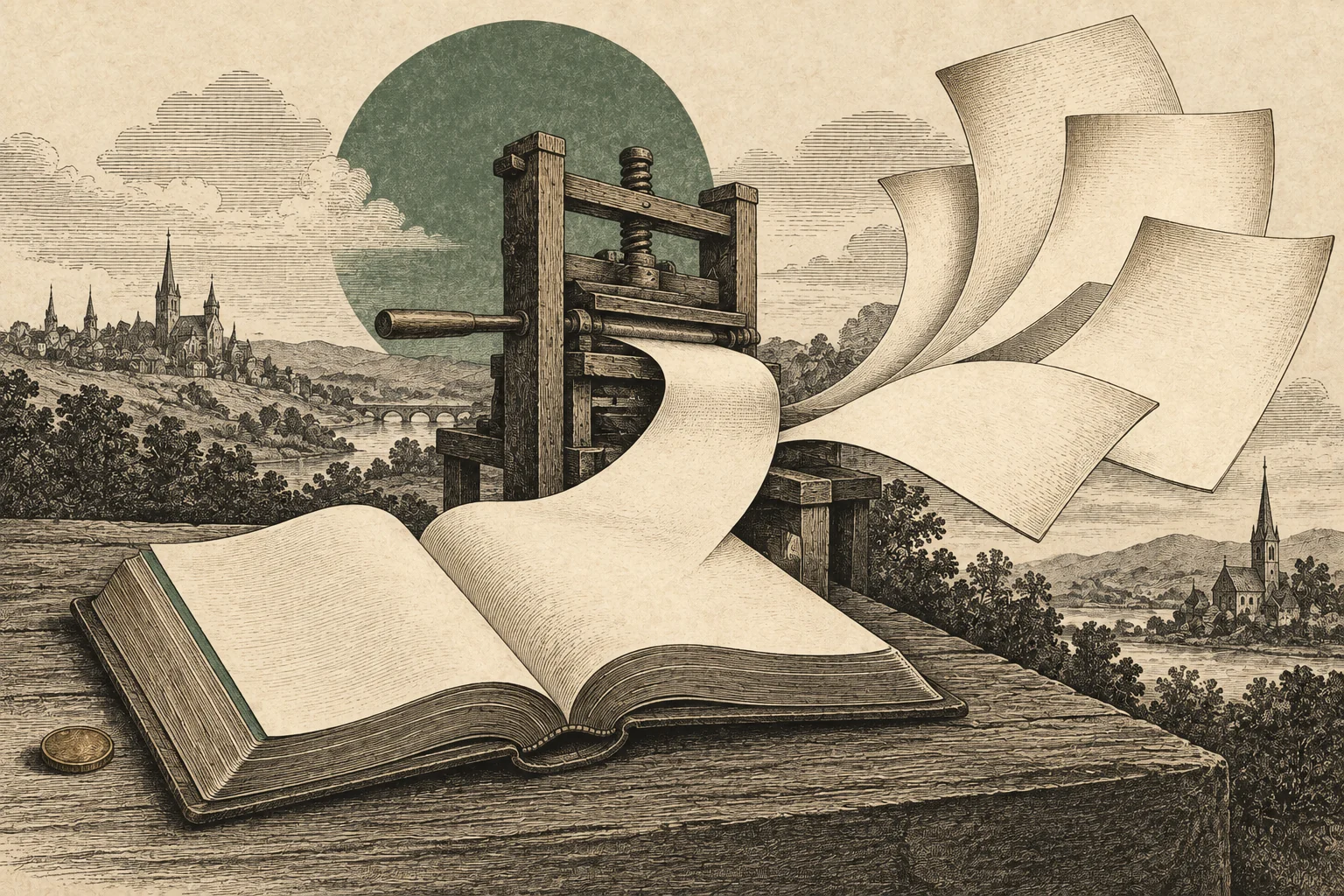 A small coin rests beside an open blank book as a page passes through a wooden press and fans into blank sheets.
