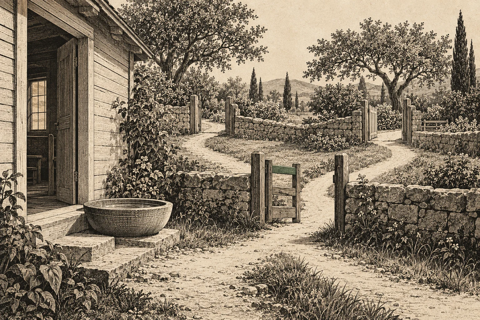 A path from an unmarked house and baptism basin divides at a gate into two neighboring clearings.