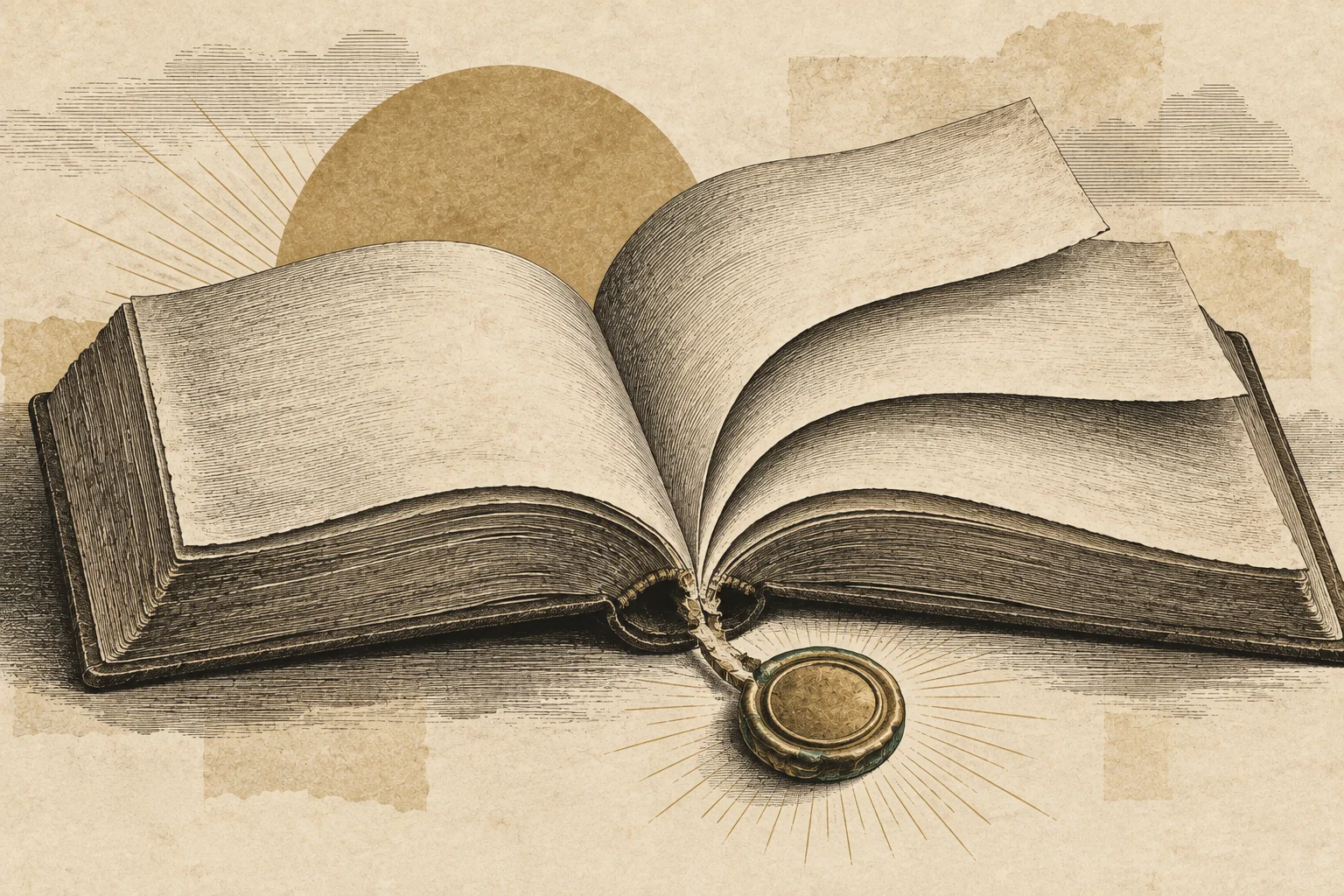 An open unmarked prayer book remains intact as a small seal lifts from its center fold.