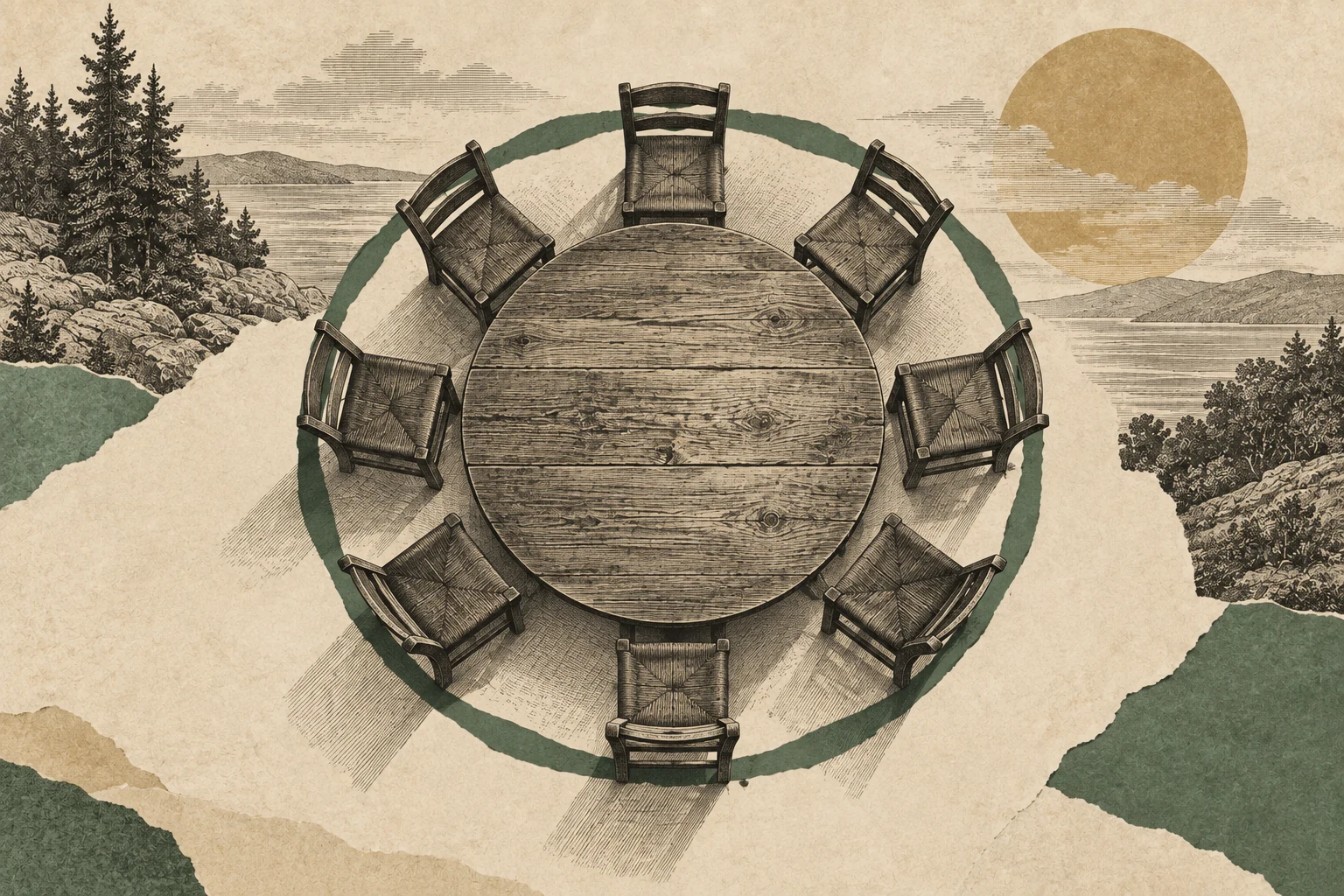 A plain round table and equal chairs sit inside a green paper loop, a conceptual image of a congregation joined by covenant and local self-government.