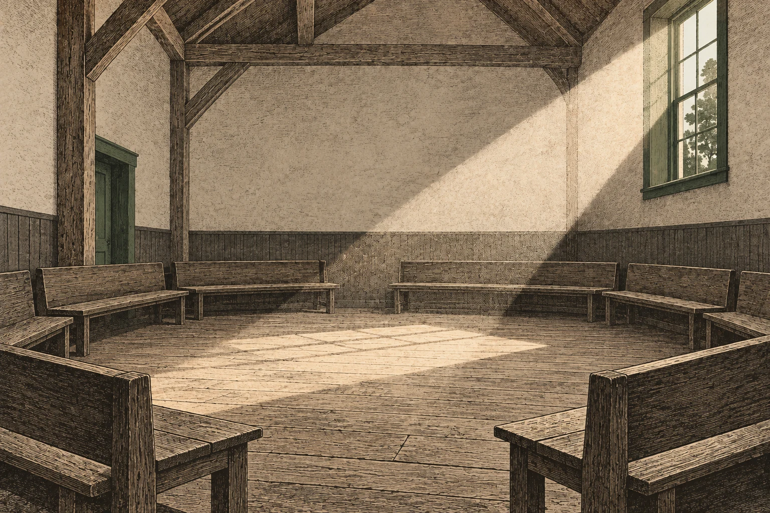 Unoccupied benches form a circle around an open meeting room, with daylight across the center, a conceptual image of Quaker silent worship and direct access to Christ.