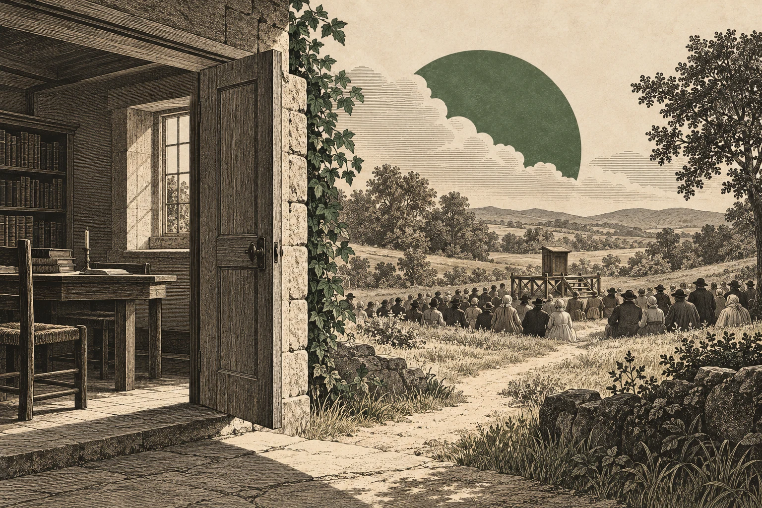 A study table opens through a doorway onto a field gathering around a simple preaching stand, a conceptual image of Methodism’s move from disciplined study to open-air preaching.