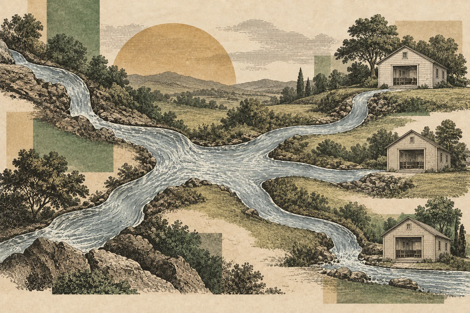 Two waterways join and then divide toward three separate meeting spaces, a conceptual image of the Restoration Movement’s origins and later divisions.
