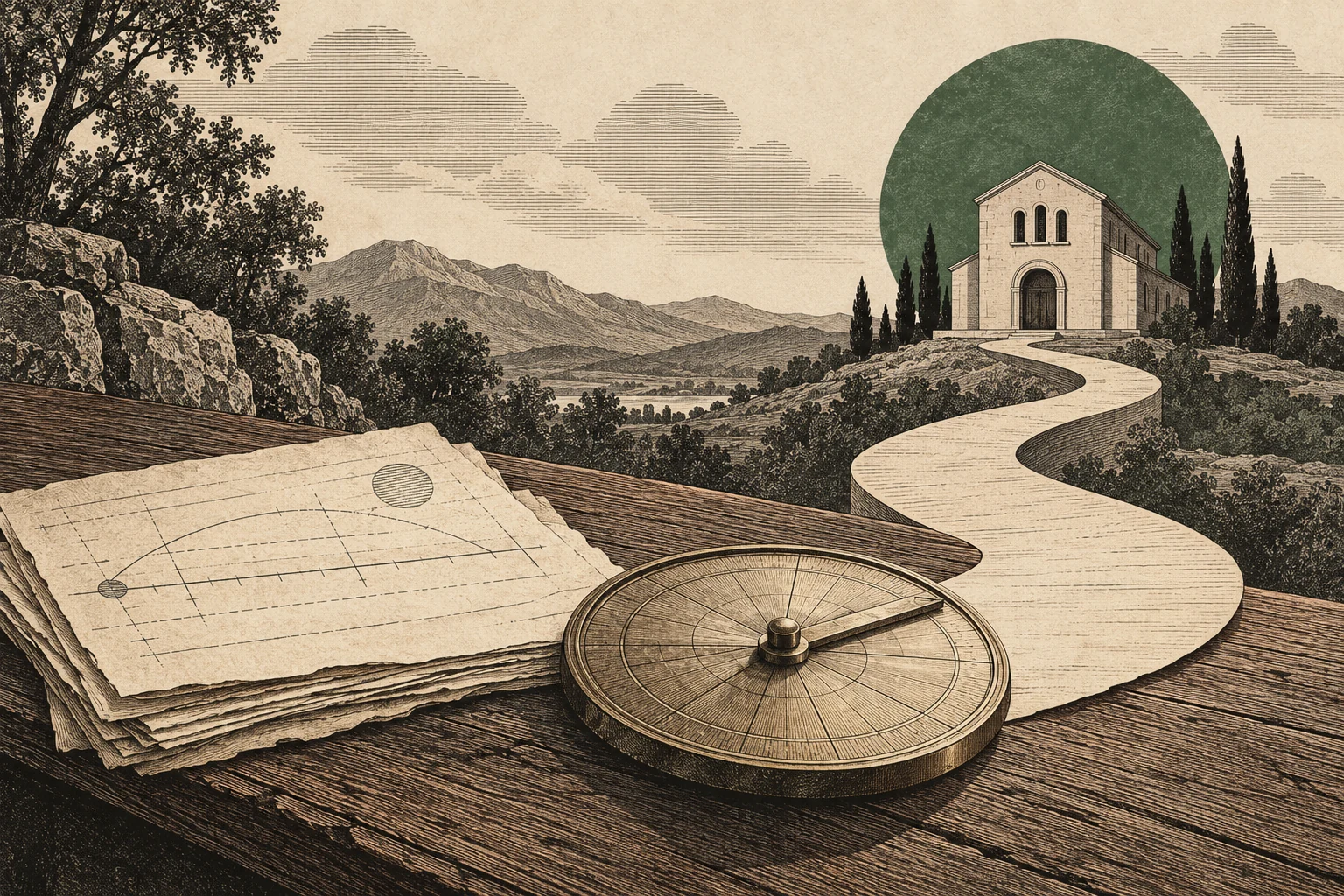 An unmarked calculation sheet and circular instrument lead toward a distant sanctuary threshold, a conceptual image of the Seventh-day Adventist movement after 1844.