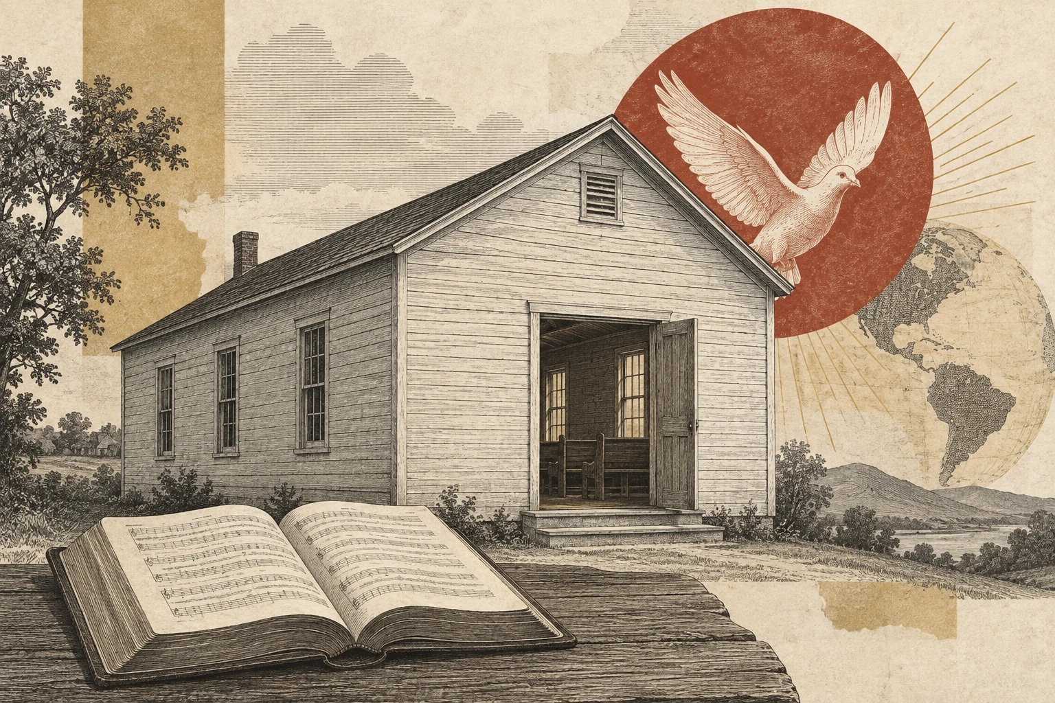 A modest meeting house anchors a layered engraving about Pentecostal origins and subsequent spread.