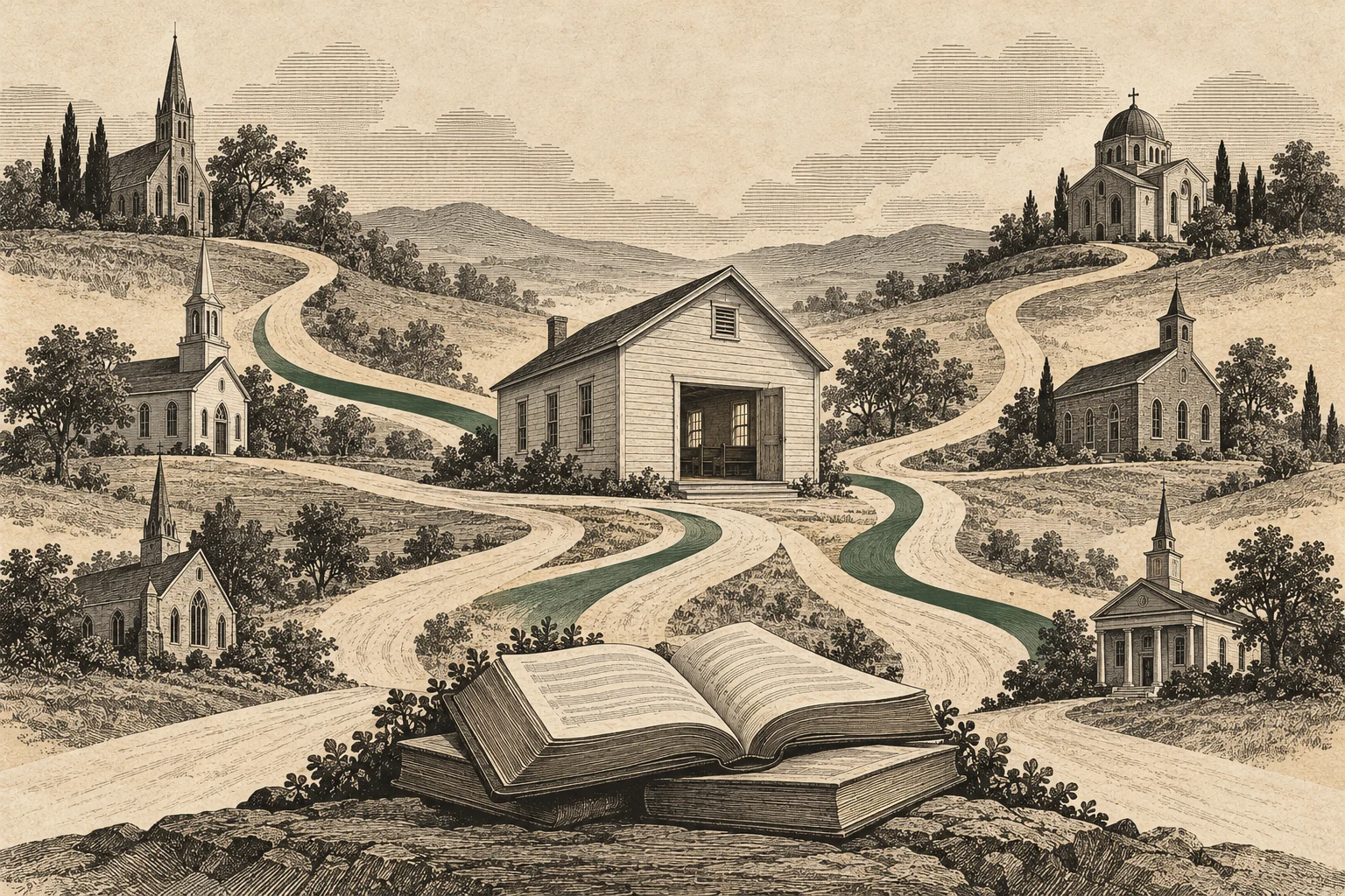 Layered, unlabelled paper paths divide and meet around one modest assembly space, keyed to the historical question in "Where Did Non-denominational Churches Come From?".