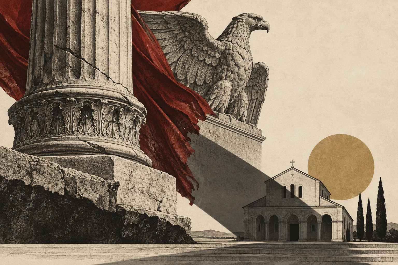 An oversized imperial column and eagle loom over a small church, marking the article's argument about imperial power and church corruption.