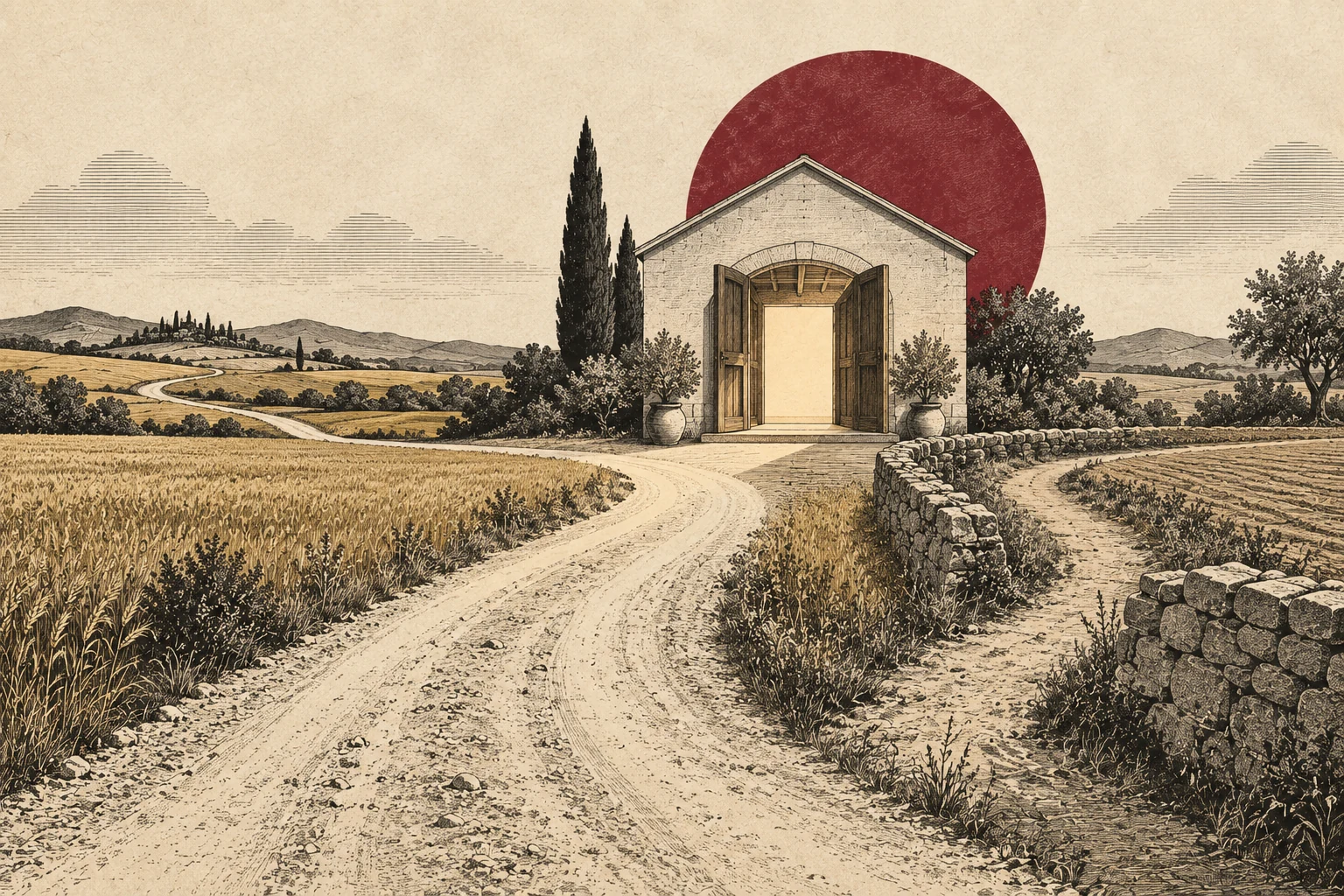 A long road and a shorter path reach an open house doorway; the shorter path ends at the threshold.