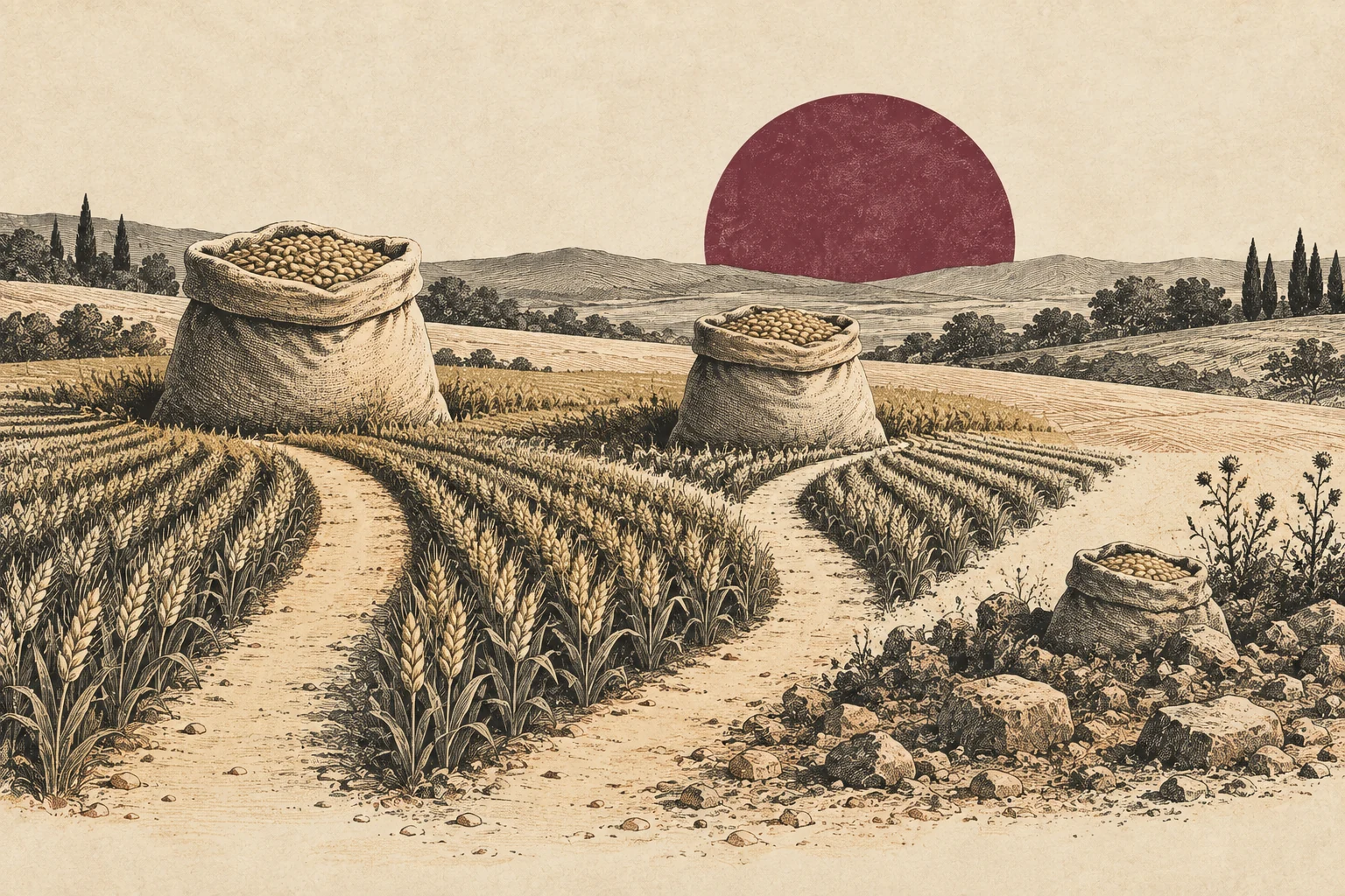 Three unequal grain parcels lie beside paths; two lead through cultivated rows, and the smallest parcel is partly buried.