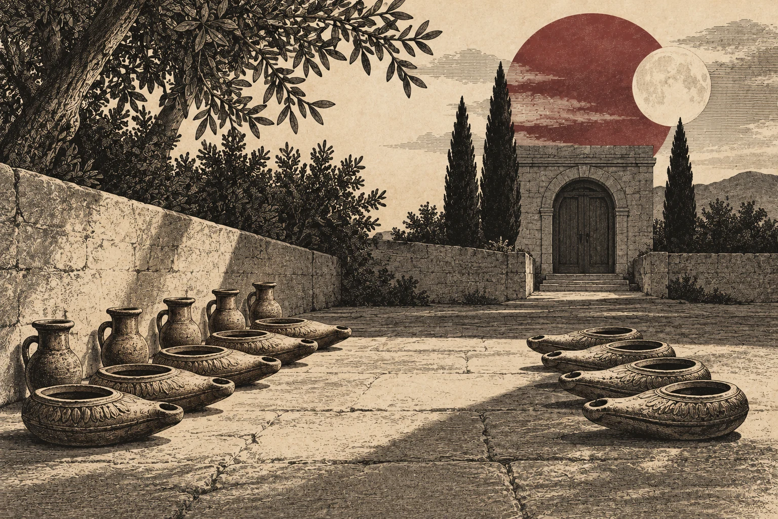 Ten oil lamps stand in two groups of five. The left group has reserve vessels; the right group does not.