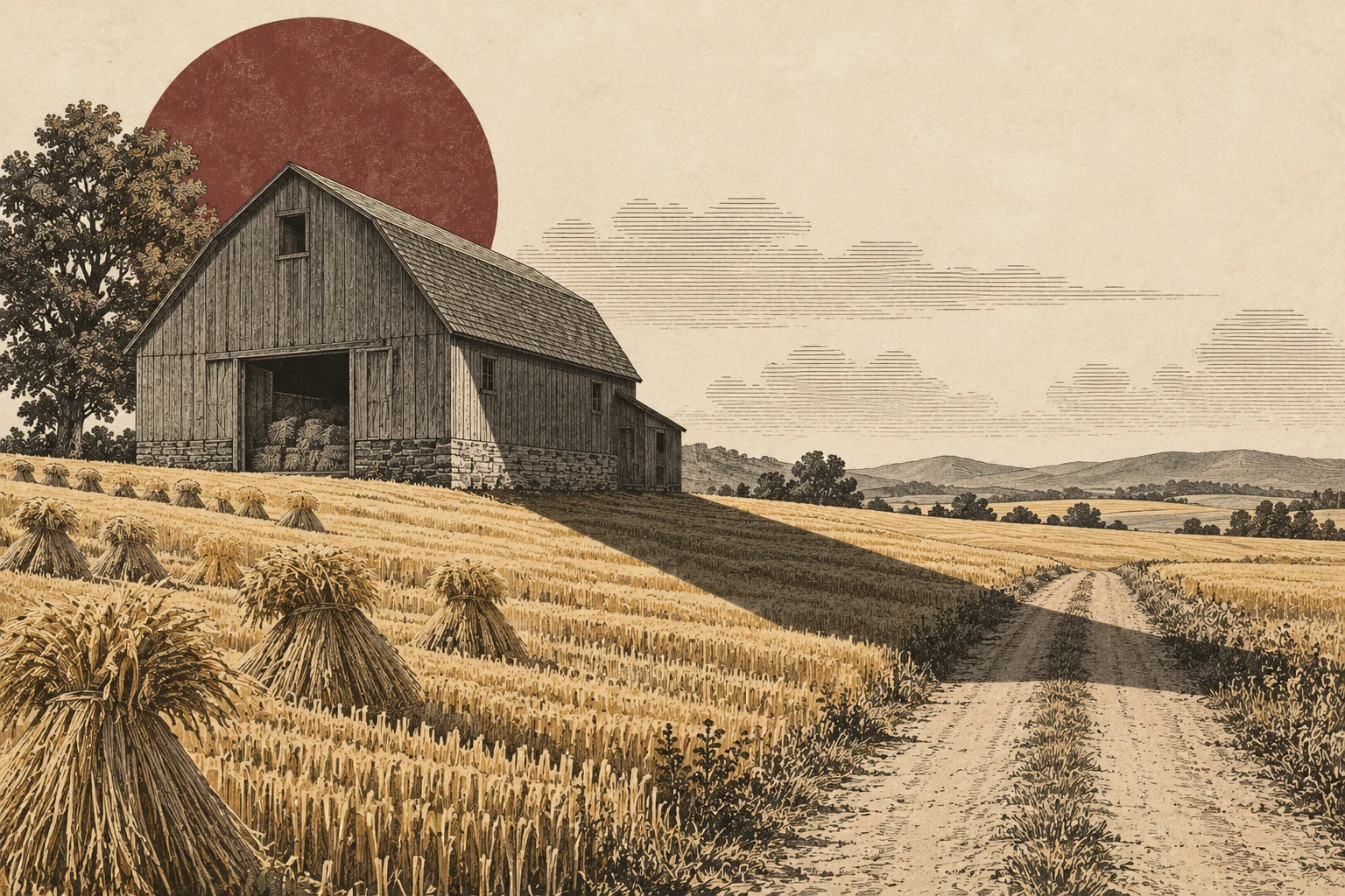 A full grain barn casts a long shadow across a road that stops before the horizon.