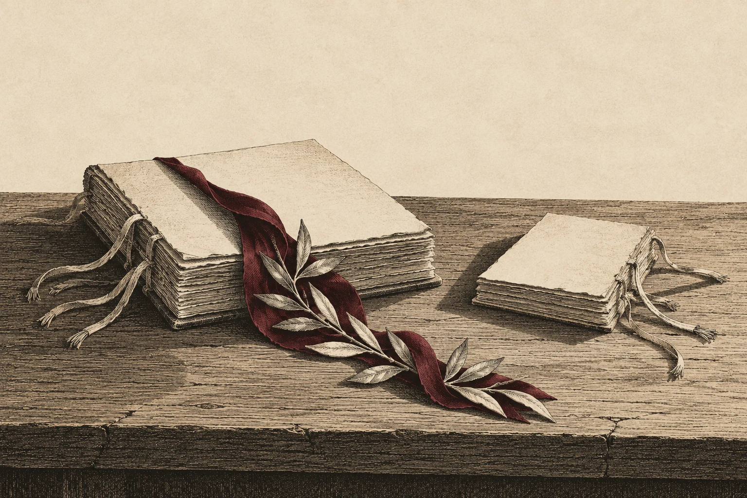 Two blank debt books of unequal size have both bindings released; a ribbon with engraved leaves trails from the larger book.
