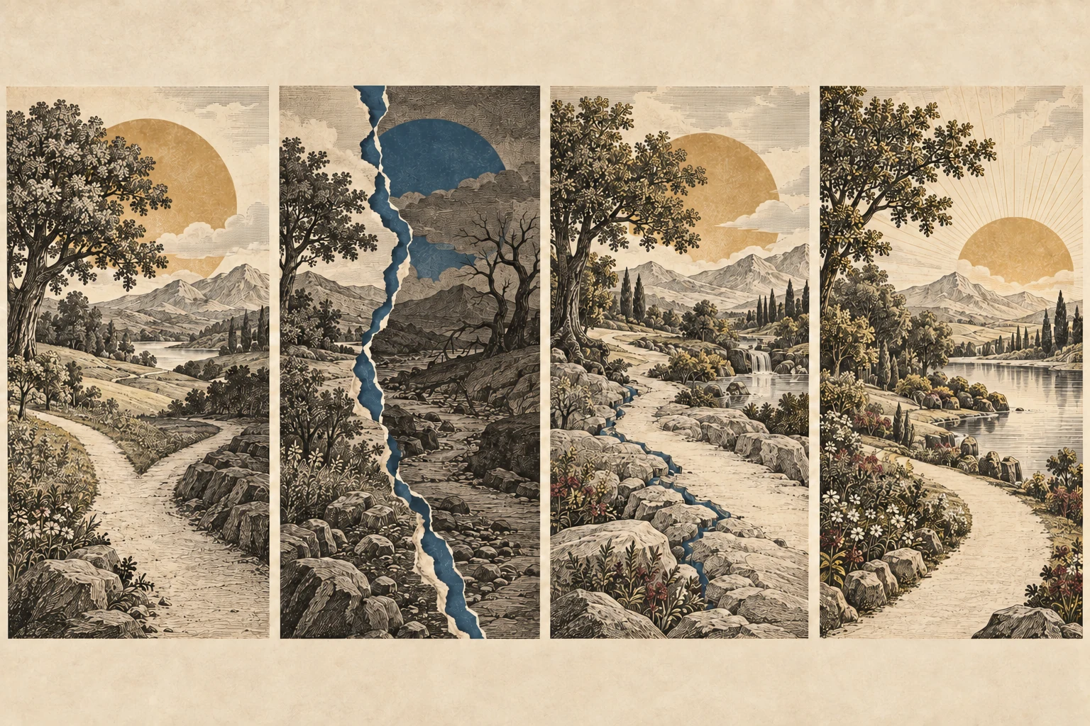 Four connected paper fields show open paths, a tear, a repaired seam, and an unbroken final field.