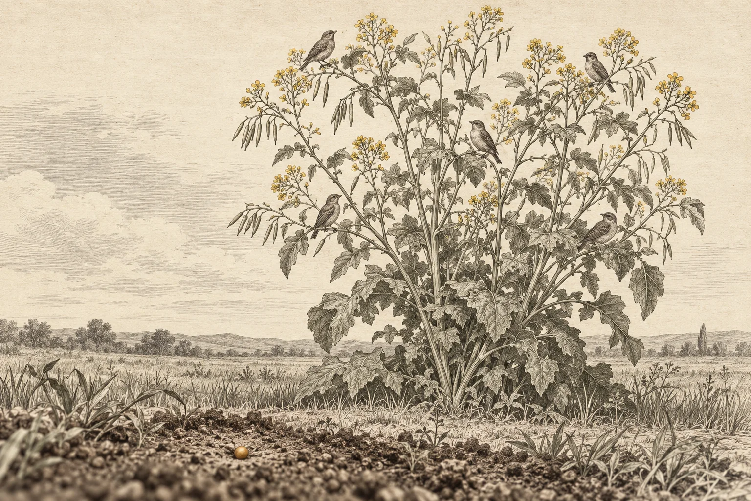 Engraving of a mustard plant with birds in its branches and a small seed on the soil in the foreground.